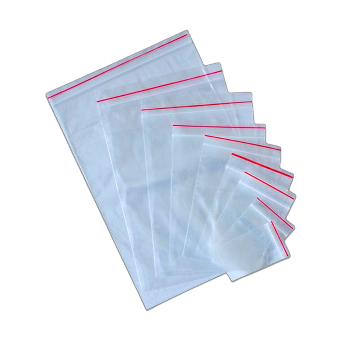 Bolsas transparentes tipo Ziploc en varios tamaños.