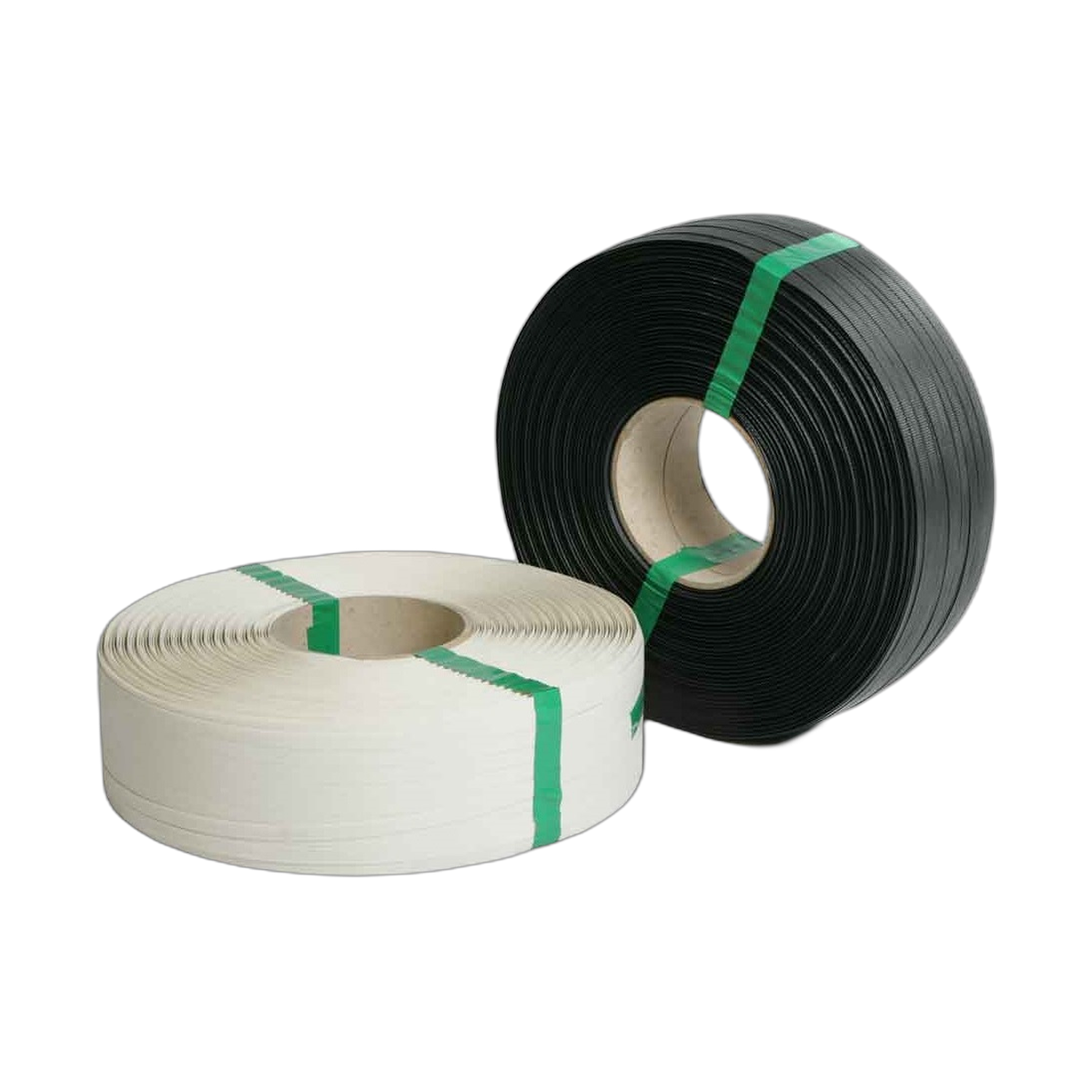 Rollos de fleje plástico negro y blanco.